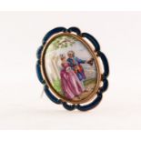 GILT METAL AND BLUE ENAMELLED BROOCH, framing a dome oval porcelain panel painted with a courtier