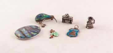 NEW ZEALAND SILVER AND ABALONE SHELL BIRD BROOCH and a SILVER AND ABALONE SHELL OVAL PENDANT and 4