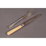 EDWARD VII SILVER BLADED CAKE KNIFE with bone handle and foliate scroll engraved blade, Sheffield