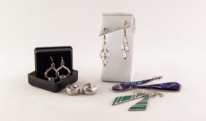 2 PAIRS OF MEXICAN SILVER COLOURED METAL LARGE DROP EARRINGS, one pair triangular and malachite set,