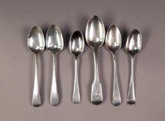 SIX VARIOUS GEORGIAN SILVER TEA SPOONS, including a FIDDLE PATTERN EXAMPLE BY JONATHAN HAYNE, 2.5oz,