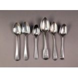 SIX VARIOUS GEORGIAN SILVER TEA SPOONS, including a FIDDLE PATTERN EXAMPLE BY JONATHAN HAYNE, 2.5oz,