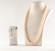 SINGLE STRAND NECKLACE OF 51 UNIFORM PALE PINK CORAL BEADS, 20in (50.8cm) long and the PAIR OF