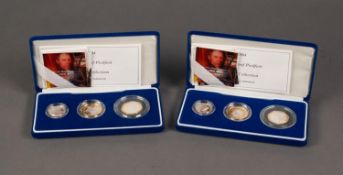 TWO 2004 PIEDFORT THREE SILVER PROOF COIN SETS, £2, £1 and Four Minute Mile 50p, housed in blue