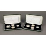 TWO 2005 PIEDFORT FOUR SILVER PROOF COIN SETS, £2 (x2), £1 and 50p, supplied with certificates of