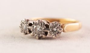 18ct GOLD RING with three small diamonds, in fancy floral settings, approximately .20 ct in total,