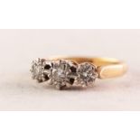 18ct GOLD RING with three small diamonds, in fancy floral settings, approximately .20 ct in total,