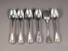 SET OF SIX VICTOIRAN SILVER TEASPOONS, fiddle, thread and shell pattern, double struck and