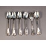 SET OF SIX VICTOIRAN SILVER TEASPOONS, fiddle, thread and shell pattern, double struck and