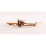 9ct GOLD INSECT BAR BROOCH, the body collet set with an oval amethyst, the four wings set with