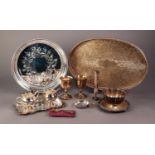 MIXED LOT OF ELECTROPLATE, to include, TWO HANDLED OVAL GALLERIED TRAY with chased centre, 18? x 12?