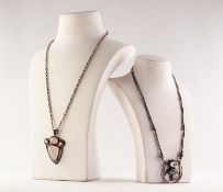 CRAFT SILVER NECKLACE with silver bugle beads and round bead back, plaque front set with two