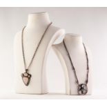 CRAFT SILVER NECKLACE with silver bugle beads and round bead back, plaque front set with two