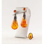SMALL SILVER RING collet set with cabochon oval amber, ring size K/L and a PAIR OF TEAR SHAPED AMBER