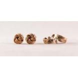 PAIR OF 9ct GOLD KNOT PATTERN STUD EARRINGS and a PAIR OF ENGRAVED 9ct GOLD BROAD, CURVED BAND