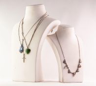 SILVER FINE CHAIN NECKLACE, the five section front set with marcasite and three cultured pearls