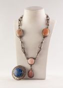 SILVER COLOURED METAL CRAFT MADE LARGE LINK CHAIN NECKLACE AND PENDANT set with five cabochon pink