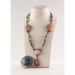 SILVER COLOURED METAL CRAFT MADE LARGE LINK CHAIN NECKLACE AND PENDANT set with five cabochon pink