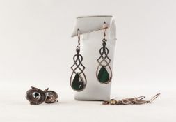 PAIR OF SILVER (928) STRAP WORK DROP EARRINGS, set with a tear shaped malachite; PAIR OF CRAFT