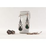 PAIR OF SILVER (928) STRAP WORK DROP EARRINGS, set with a tear shaped malachite; PAIR OF CRAFT