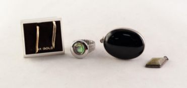 SILVER AND BLACK ONYX LARGE OVAL PENDANT; a SILVER AND GREEN HARDSTONE SMALL DIAMOND SHAPED PENDANT;