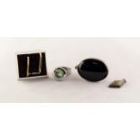 SILVER AND BLACK ONYX LARGE OVAL PENDANT; a SILVER AND GREEN HARDSTONE SMALL DIAMOND SHAPED PENDANT;