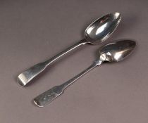 TWO GEORGE III SILVER FIDDLE PATTERN TABLE SPOONS, 8 ½? (21.6cm), London 1806, the other 8 ¼? (21cm)