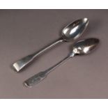 TWO GEORGE III SILVER FIDDLE PATTERN TABLE SPOONS, 8 ½? (21.6cm), London 1806, the other 8 ¼? (21cm)