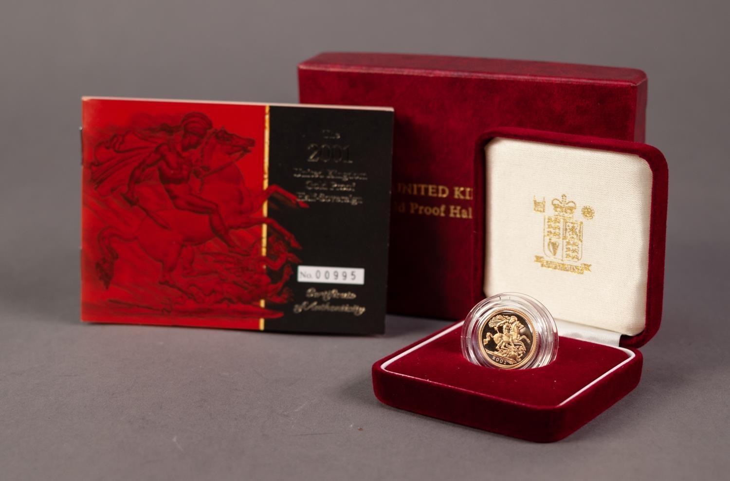 ROYAL MINT CASED AND ENCAPSULATED ELIZABETH II LIMITED EDITION GOLD PROOF HALF SOVEREIGN 2001 (