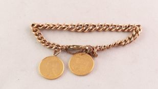 9ct GOLD BRACELET WITH GRADUATED CURB PATTERN LINKS, sprung catch and TWO VICTORIAN GOLD HALF