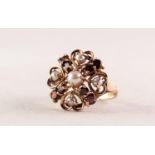 9ct GOLD, GARNET ADN PEARL CIRCULAR CLUSTER RING set wiht a centre pearl and surround of four