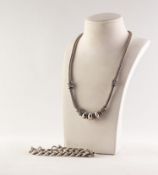 SILVER CHAIN NECKLACE with silver bead pattern front and a HEAVY SILVER CURB PATTERN CHAIN BRACELET,