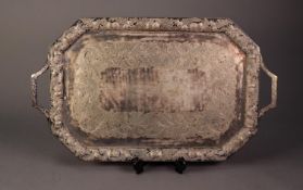 ELECTROPLATED CANTED OBLONG TWO HANDLED TEA TRAY, the centre chased with thistles and the conforming