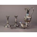 FIVE PIECES OF ELECTROPLATE, comprising: MAPPIN & WEBB PART FLUTED HOT WATER EWER, badly dented,