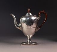 GEORGE V SILVER PEDESTAL COFFEE POT, of slender ovoid form with gadrooned borders, brown scroll