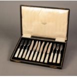 CASED SET OF SIX PAIRS OF FRUIT KNIVES AND FORKS WITH MOTHER OF PEARL HANDLES, retailed by James