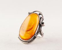 STERLING SILVER RING (925 mark), set with a large cabochon oval golden amber, ring size M