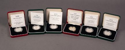 SIX £2 SILVER PROOF COINS, comprising: 1994, 1995 (x3), 1996 and 1998, all supplied with