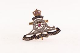 GOLD AND ENAMELLED ROYAL ARTILLERY BADGE, the wheel of the cannon set with thirteen tiny diamonds,