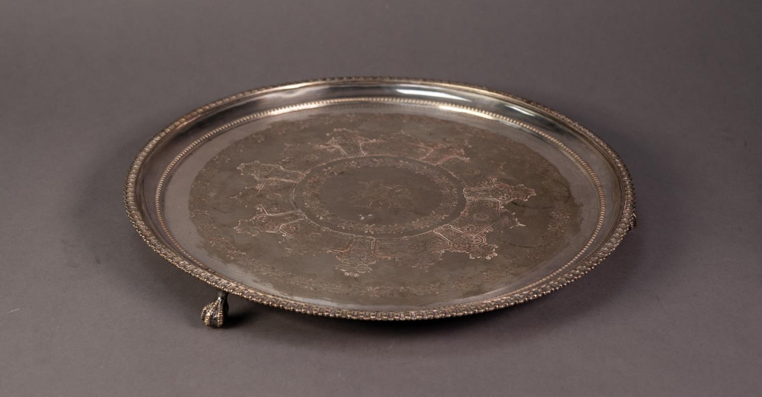 VICTORIAN ELECTROPLATED SALVER, of circular form with engraved centre and claw and ball feet, - Image 2 of 3
