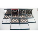 NINE ROYAL MINT ?UNITED KINGDOM PROOF COIN COLLECTIONS? IN HARD BLUE PRESENTATION CASES, three