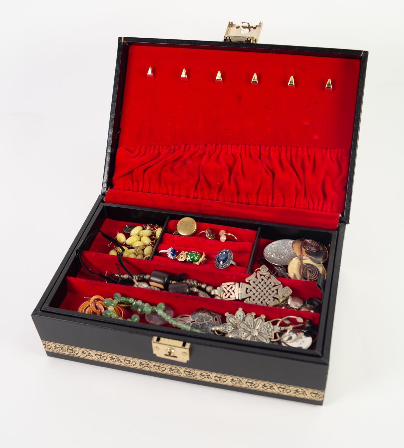 LARGE BLACK AND GILT JEWELLERY BOX with lift-out tray and CONTENTS including a Thai silver and