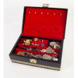 LARGE BLACK AND GILT JEWELLERY BOX with lift-out tray and CONTENTS including a Thai silver and