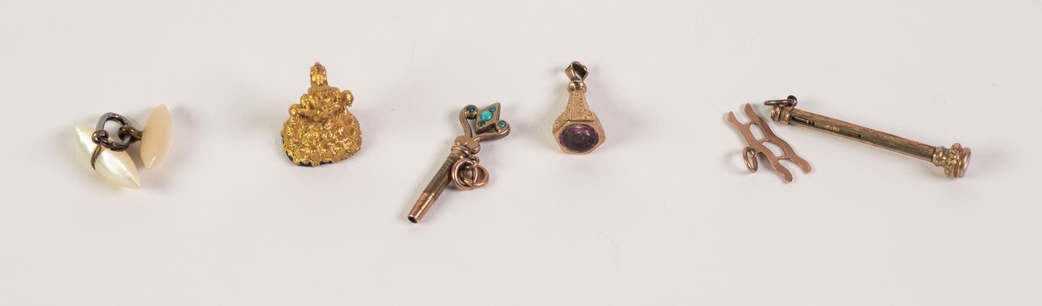 NINETEENTH CENTURY GILT METAL AND ONYX FOB SEAL inscribed 'Sarah' AND ANOTHER SET with a purple