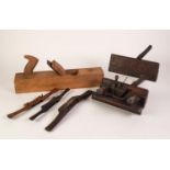 EARLY TWENTIETH CENTURY OAK AND METAL MOUNTED PLOUGH PLANE, complete with two cutting blades, the