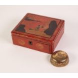ORIENTAL LACQUERED AND DECORATED BOX, the hinged lid with a lakeside with figures and buildings (