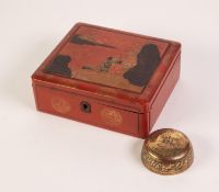 ORIENTAL LACQUERED AND DECORATED BOX, the hinged lid with a lakeside with figures and buildings (