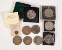 GEORGE III SILVER CROWN (very badly worn), TWO GEORGE V SILVER CROWNS 1935 (VF) but grubby,