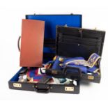 THREE CASES CONTAINING MASONIC REGALIA TOGETHER WITH 13 ENAMELLED GILT METAL MASONIC BADGES and