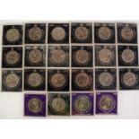 SEVENTEEN QUEEN ELIZABETH II SILVER JUBILEE COMMEMORATIVE CROWN COINS 1977,  each displayed in Nat